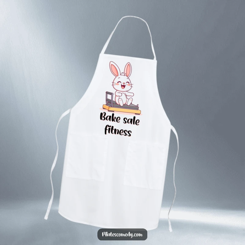 Funny joyful bunny character smiling, in a graceful pose on a Pilates reformer machine, on a practical kitchen apron.