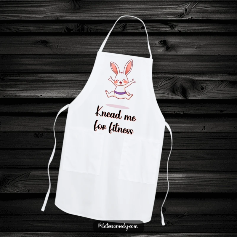 Funny bunny wearing an apron, doing a Pilates leap with a smile while in the kitchen, adding humor.