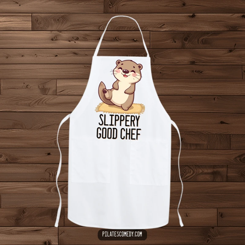 Funny happy otter character balanced on a mat, stretching one leg upwards, on a practical kitchen apron.