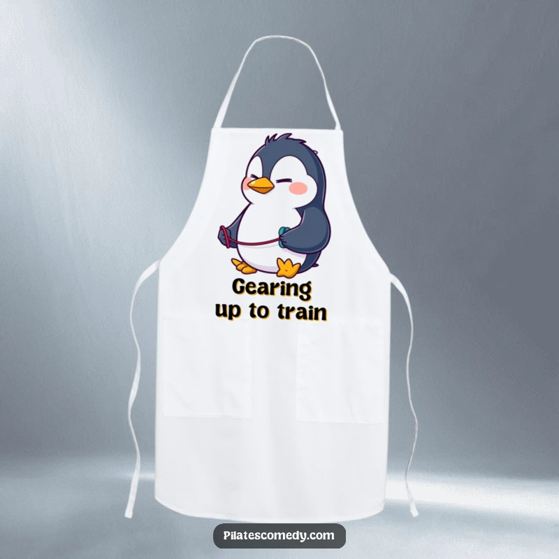 Funny penguin apron with a determined character using a resistance band, ideal for cooking or baking with a humorous twist.
