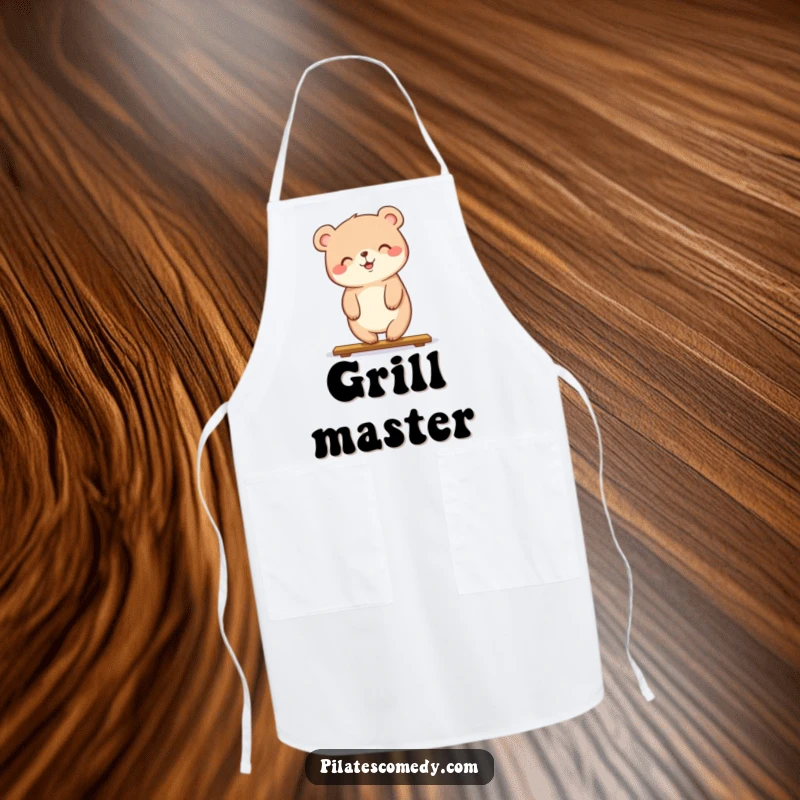 Funny apron designed with a happy bear in a plank pose with a smile, perfect for themed kitchen fun.