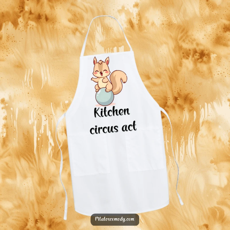 Funny squirrel apron featuring a giggling character balancing on a ball, ideal for kitchen activities with a humorous touch.