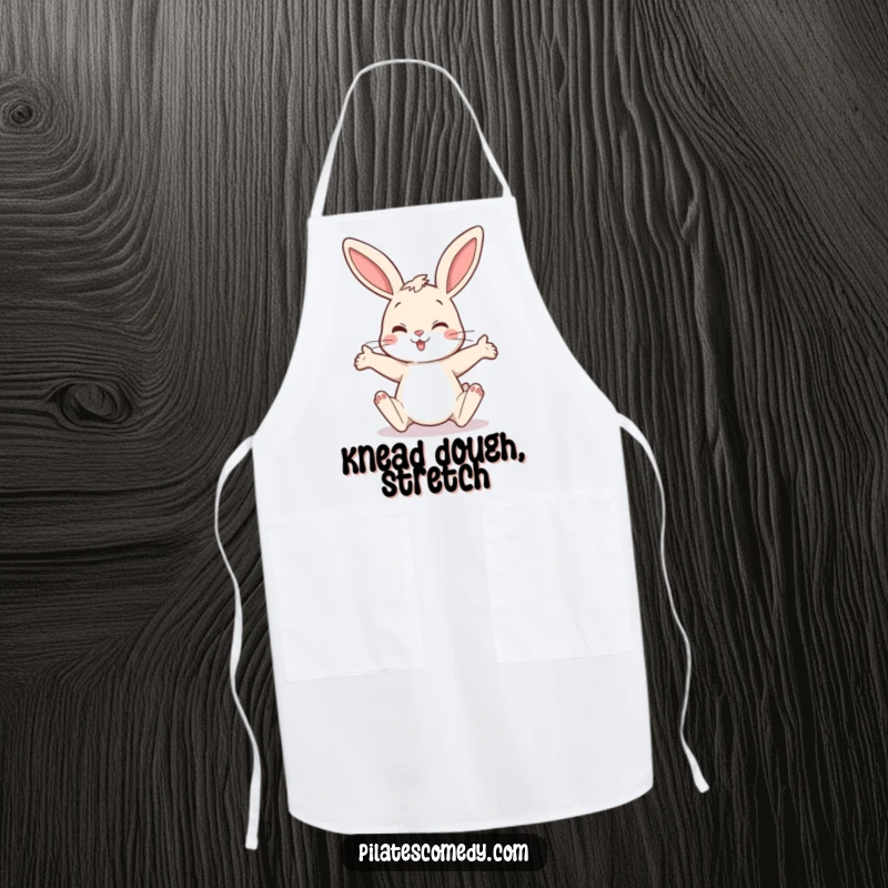Funny bunny apron with a cheerful rabbit in a comical stretching pose, ideal for kitchen use and adding humor to cooking.
