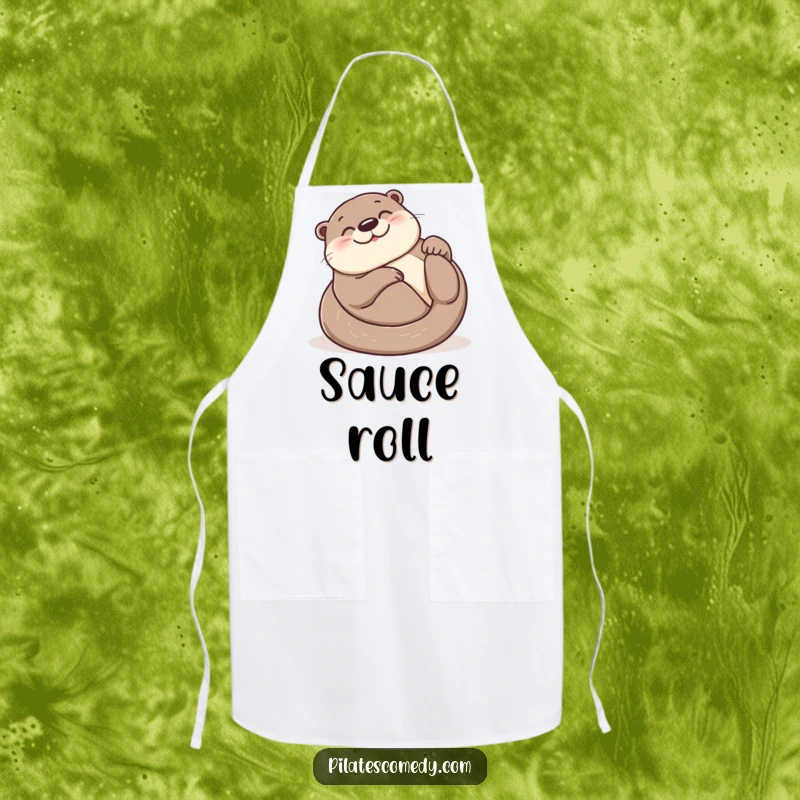 Funny otter apron with a smiling otter in a joyful roll on its back, ideal for kitchen use and adding happy humor.