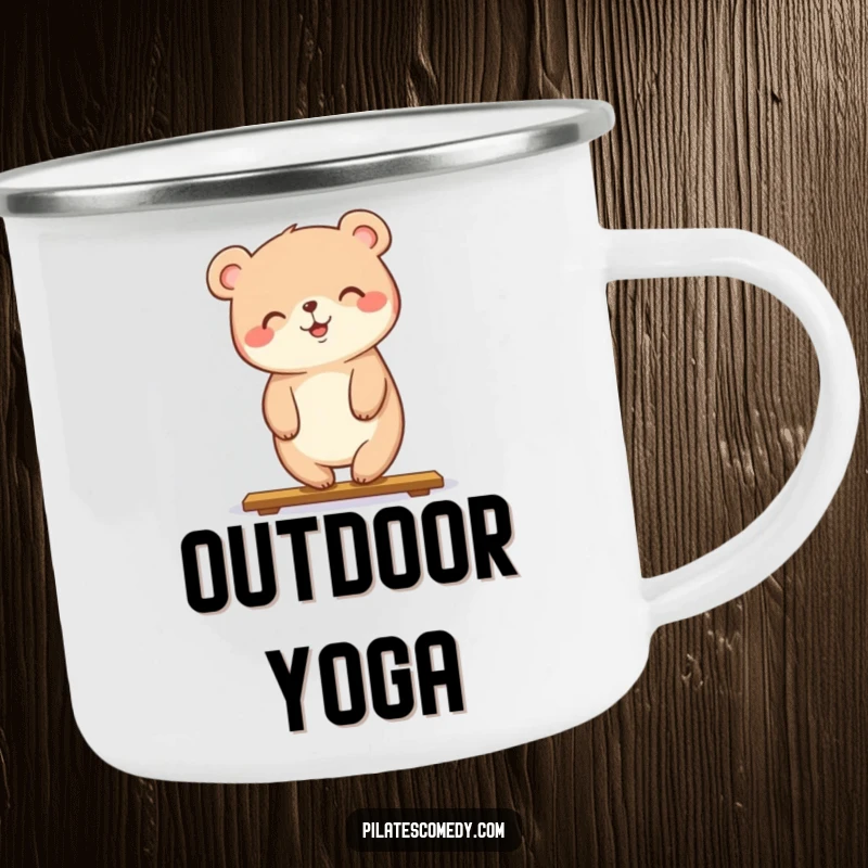 Funny camping mug showcasing a happy bear in a plank pose with a smile, great for outdoor fitness enthusiasts.