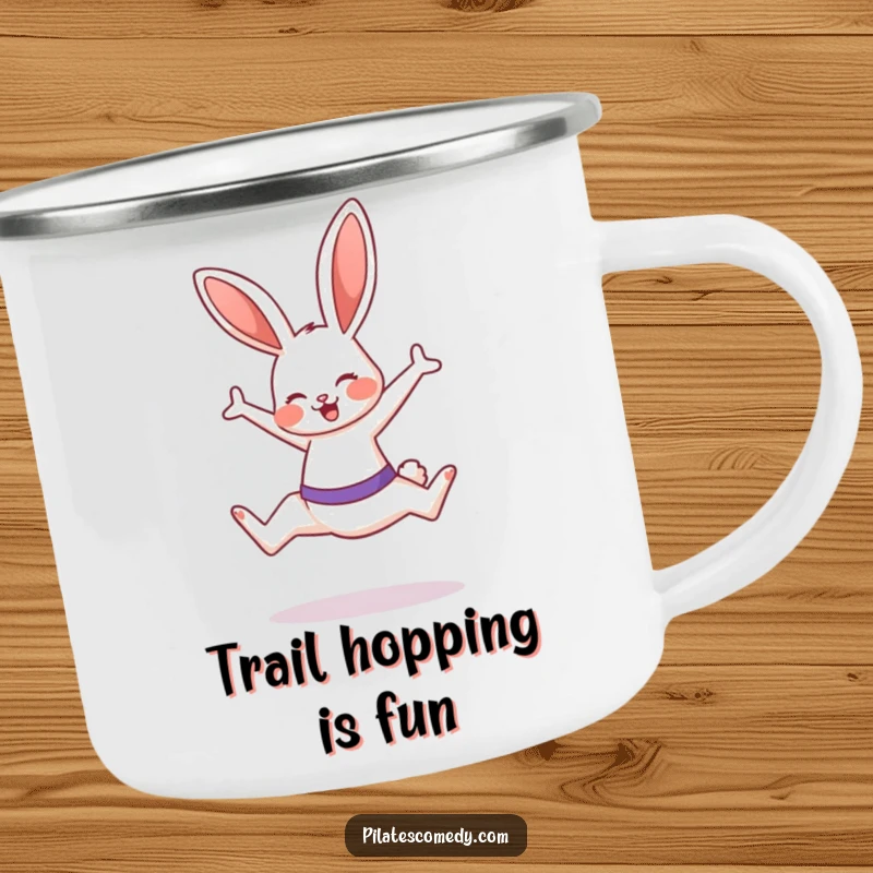 Funny bunny illustration on an enamel camping mug, performing a Pilates leap with a smile, ideal for active adventurers.