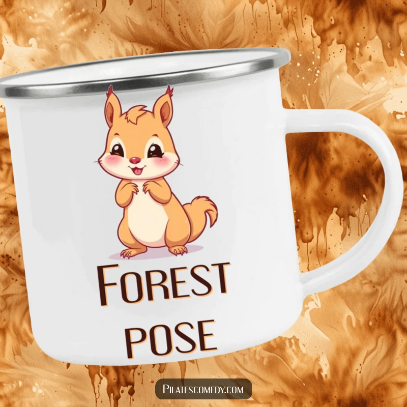 Funny squirrel camping mug depicting a playful squirrel in an on-all-fours pose, ideal for outdoor use and coffee lovers.