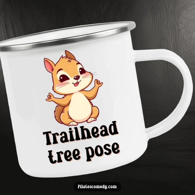 Funny squirrel in a serene yoga pose, with intense focus, on a sturdy camping mug for outdoor enthusiasts.