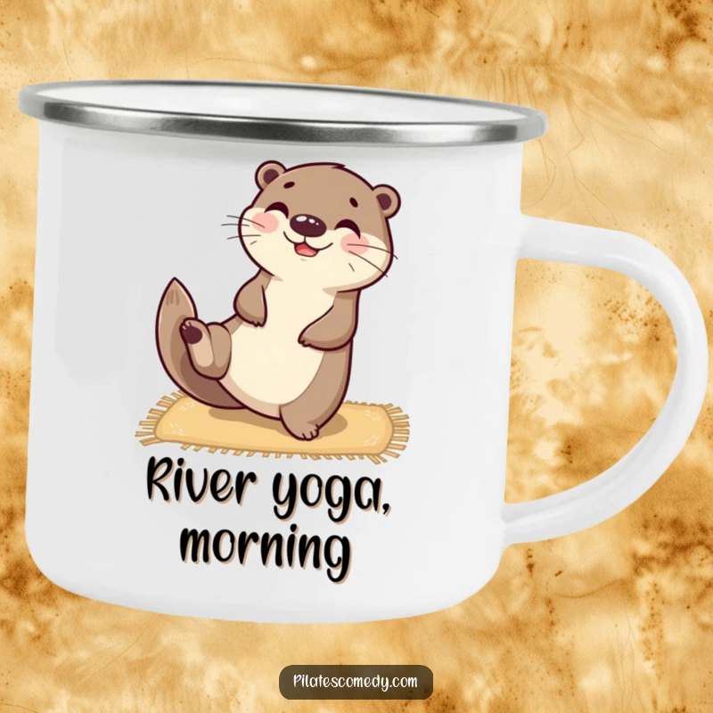 Funny happy otter character balanced on a yoga mat, stretching one leg upwards, on a sturdy camping mug.