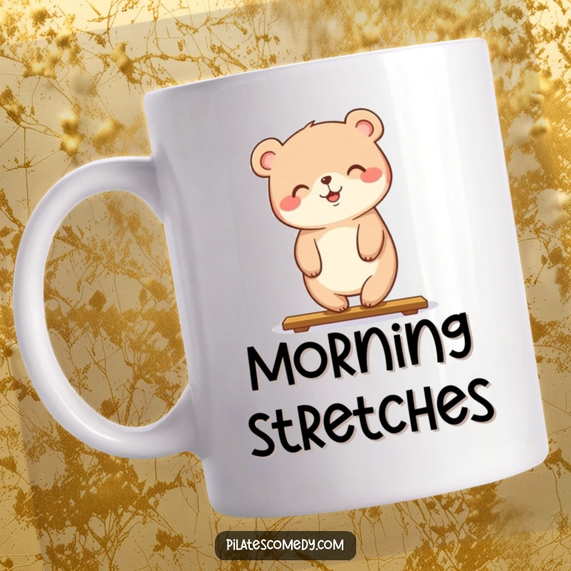 Funny mug featuring a happy bear balancing in a perfect plank pose with a broad smile, celebrating fitness and joy.