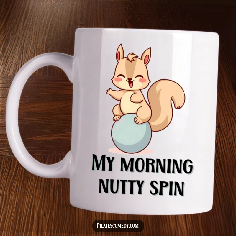 Funny squirrel mug with a giggling character precariously balancing on a colorful ball, radiating pure joy and fun.