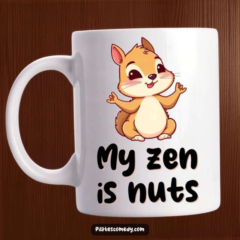 Funny squirrel doing a yoga pose with intense focus, showcasing dedication and humor on a ceramic mug.
