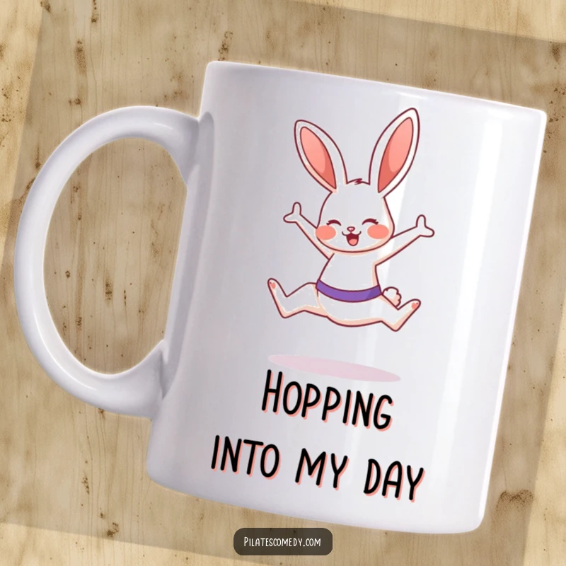 Funny energetic bunny mid-leap performing a Pilates move with a huge smile, radiating joy and fitness.