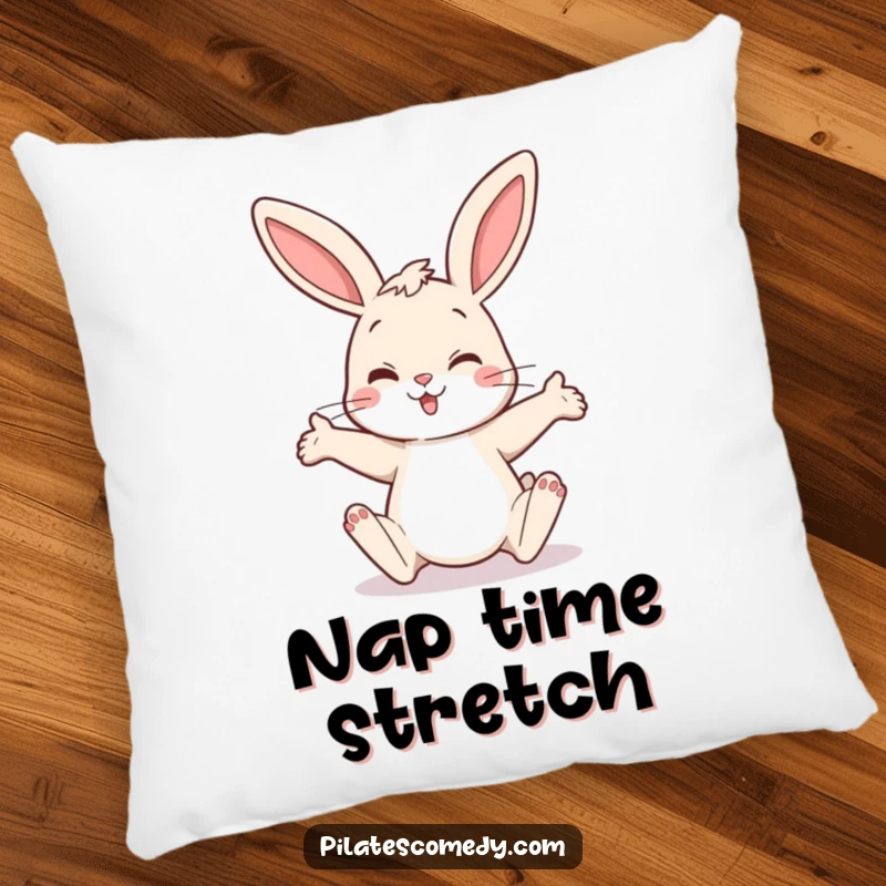 Funny bunny pillow featuring a happy rabbit in a funny, curious leg stretch, perfect for adding comfort and humor to sofas.