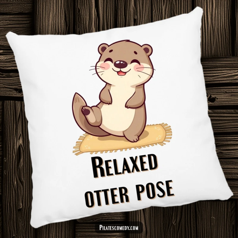Funny happy otter character balanced on a yoga mat, stretching one leg upwards, on a soft decorative pillow.