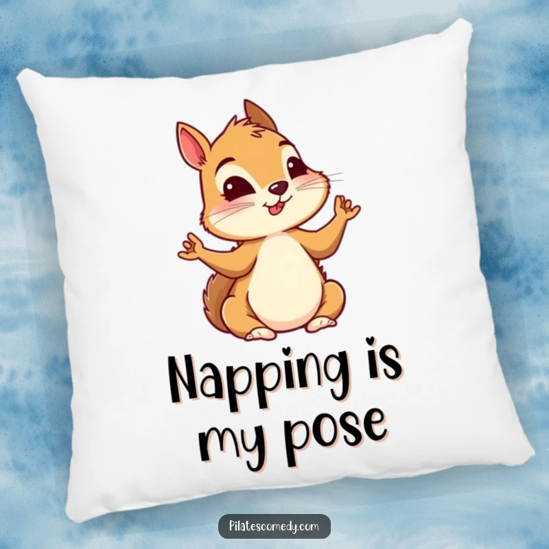 Funny squirrel in a tranquil yoga pose, symbolizing intense focus and relaxation, on a soft decorative pillow.