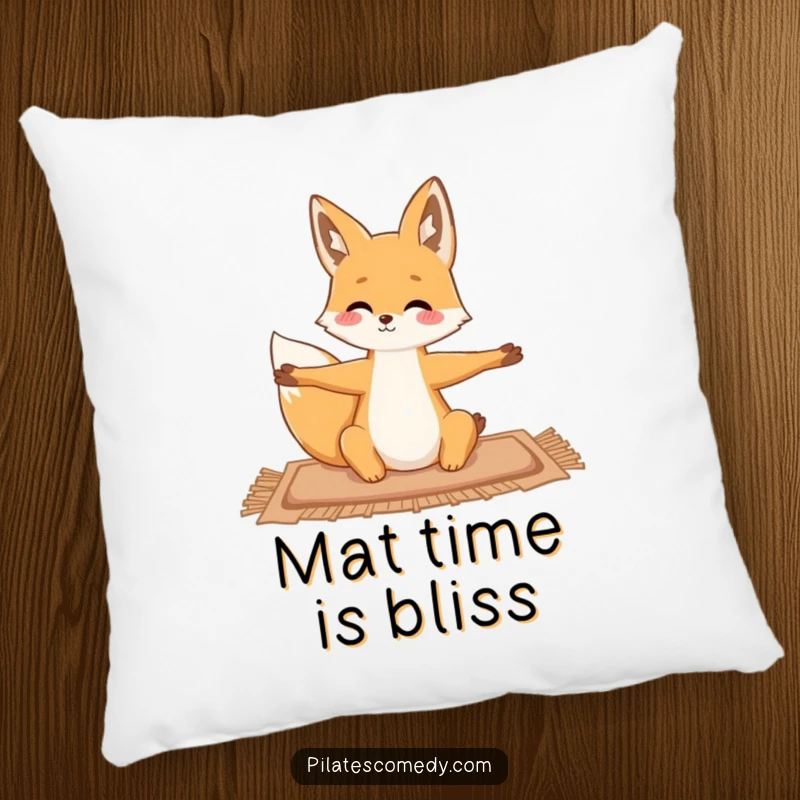 Funny fox character on a plush pillow, gracefully stretching on a mat, perfect for serene comfort.