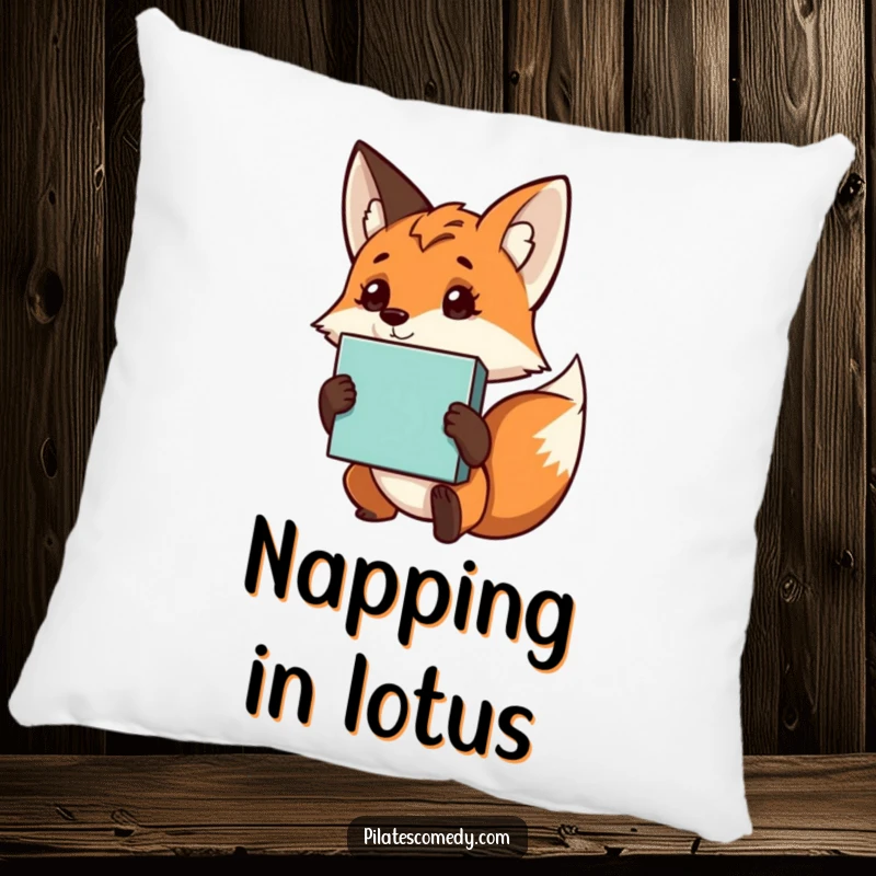 Funny fox pillow with a curious character holding a yoga block, offering comfort and a touch of zen to any room.
