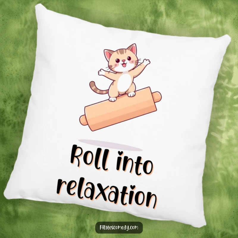 Funny cat character on a plush pillow, precariously balancing on a large roller, perfect for cozy and playful decor.