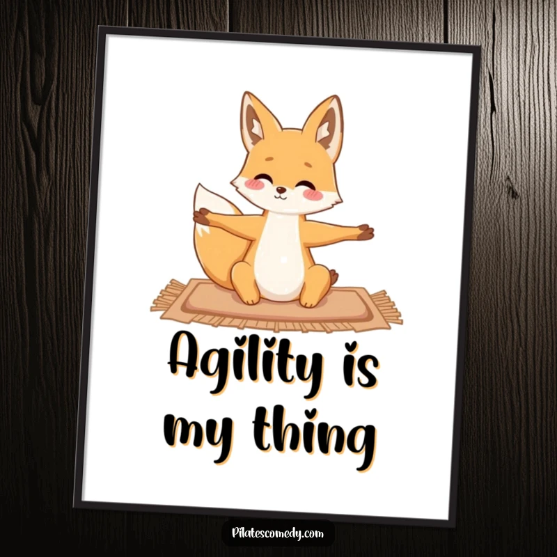 Funny fox artwork, printable digital art of a fox gracefully stretching on a mat, ideal for calming decor.