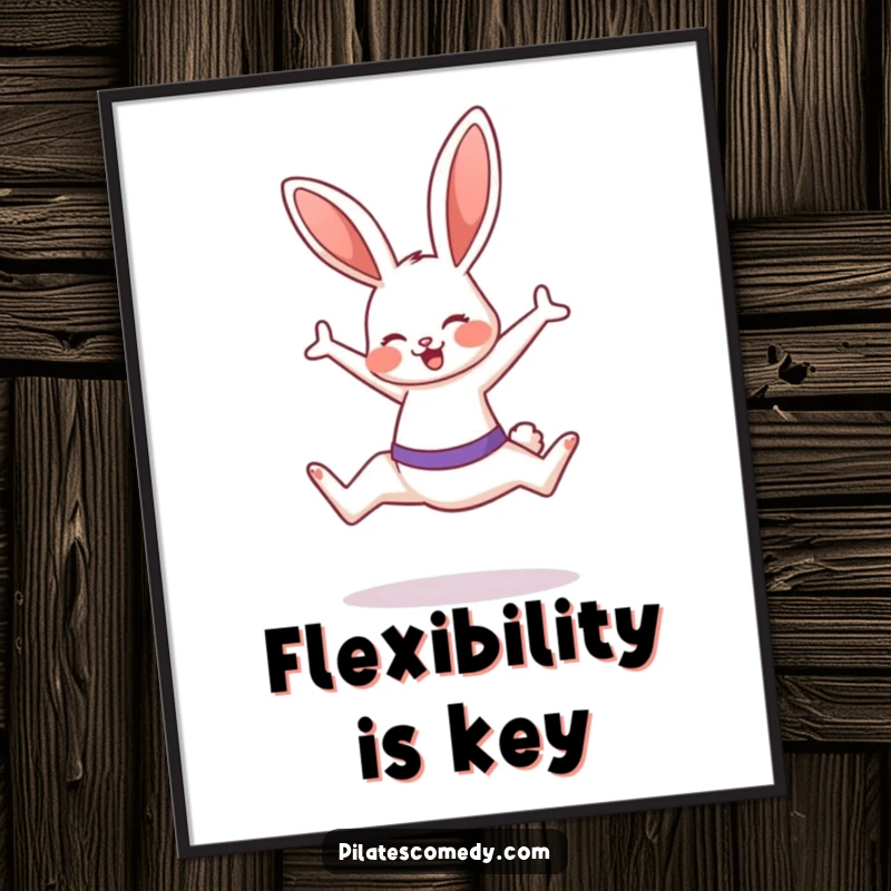 Funny bunny artwork, printable digital art of a bunny doing a Pilates leap with a smile, ideal for energetic decor.