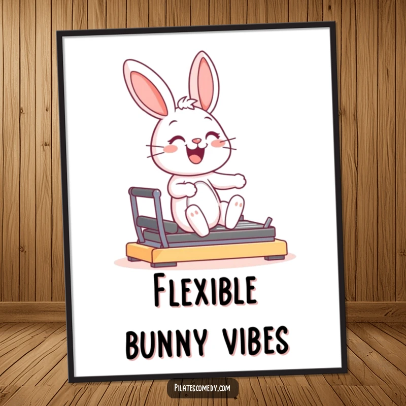 Funny joyful bunny character smiling, in a graceful pose on a Pilates reformer machine, as a downloadable digital art print.