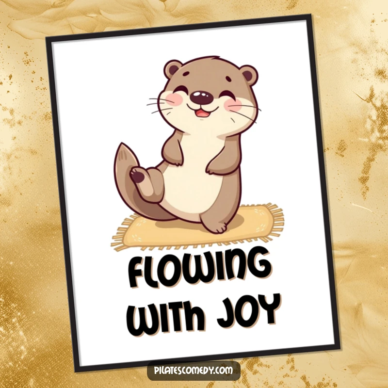 Funny happy otter character balanced on a yoga mat, stretching one leg upwards, as a downloadable digital art print.