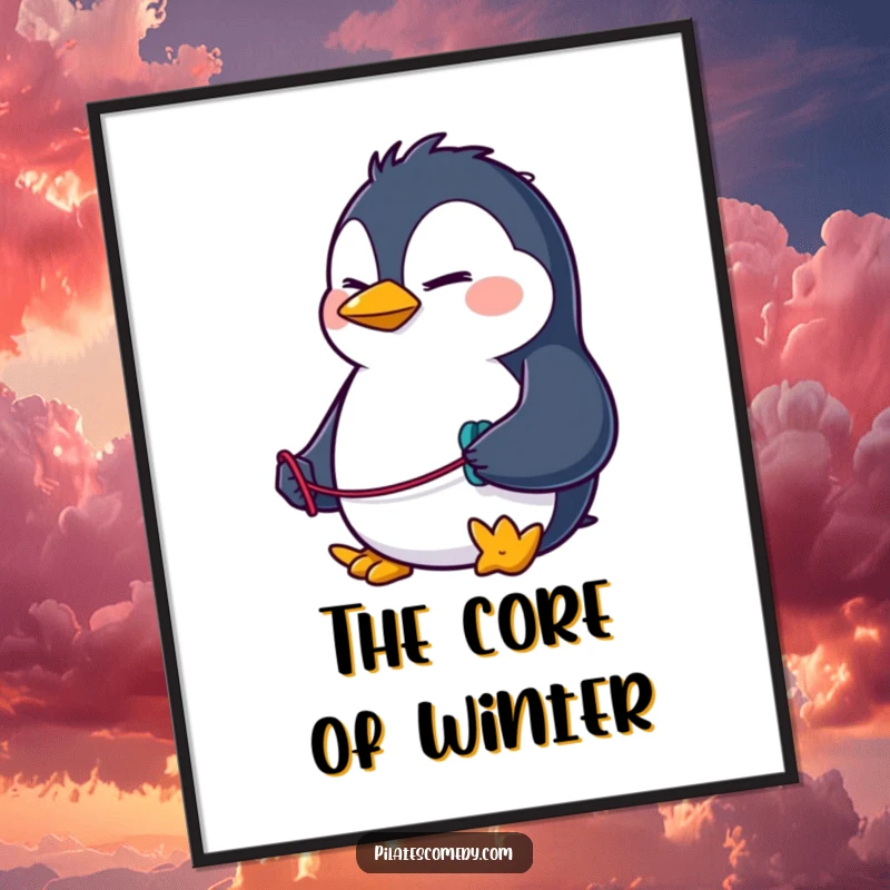 Funny penguin digital art print of a determined character using a resistance band, ideal for motivational home or gym decor.