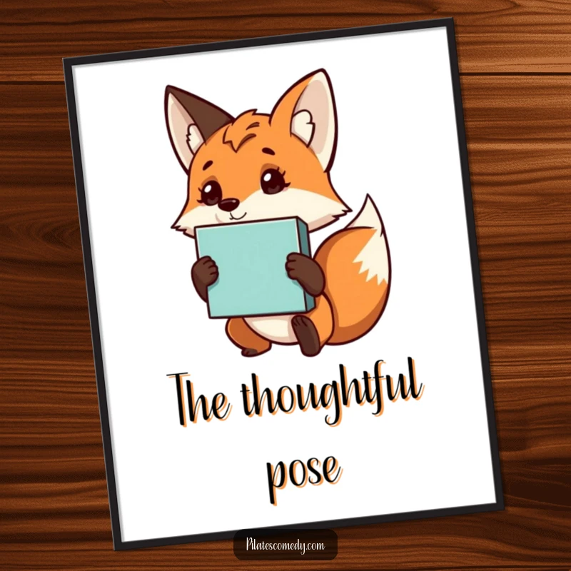 Funny fox digital art print of a curious character holding a yoga block, perfect for adding serene and humorous decor.