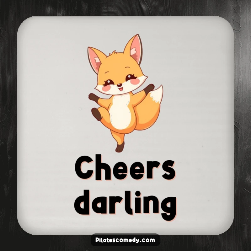 Funny fox drink coaster showing a delighted fox in a graceful leg extension, protecting furniture with elegance and humor.