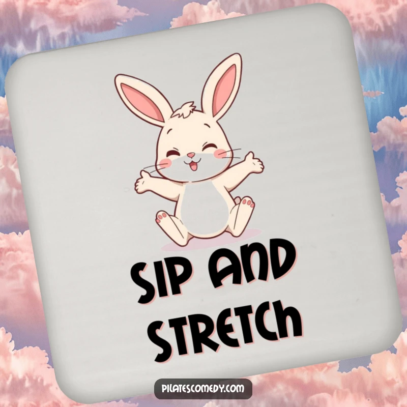 Funny bunny drink coaster showing a cheerful rabbit in a humorous stretching pose, protecting furniture with style and laughter.