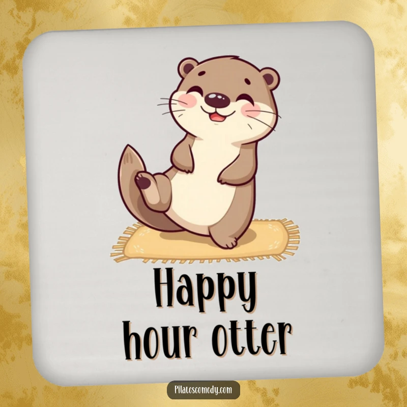 Funny happy otter character balanced on a yoga mat, stretching one leg upwards, on a protective drink coaster.