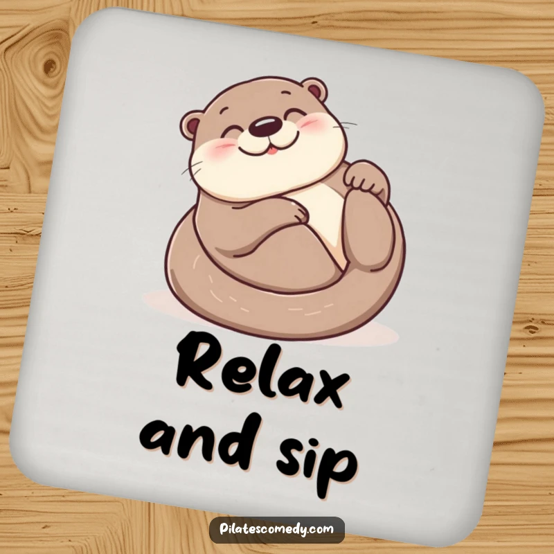 Funny otter drink coaster showing a smiling otter in a joyful roll on its back, protecting furniture with happiness and humor.