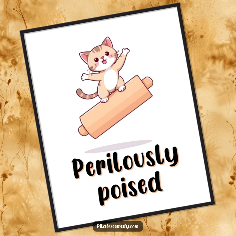 Funny cat artwork on a poster, precariously balancing on a large roller, perfect for playful decor.