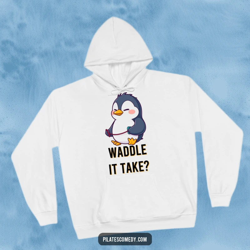 Funny penguin hoodie featuring a determined character using a resistance band, showing focus and strength, ideal for cold weather workouts.