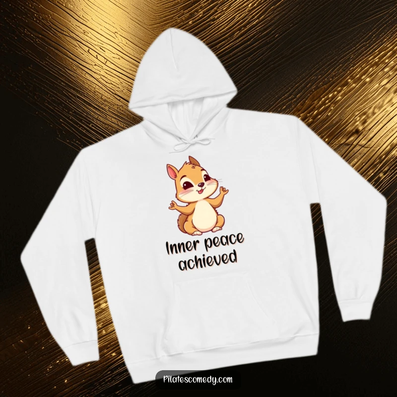 Funny squirrel in a deep yoga pose, exuding intense focus and tranquility, printed on a soft, warm hoodie.