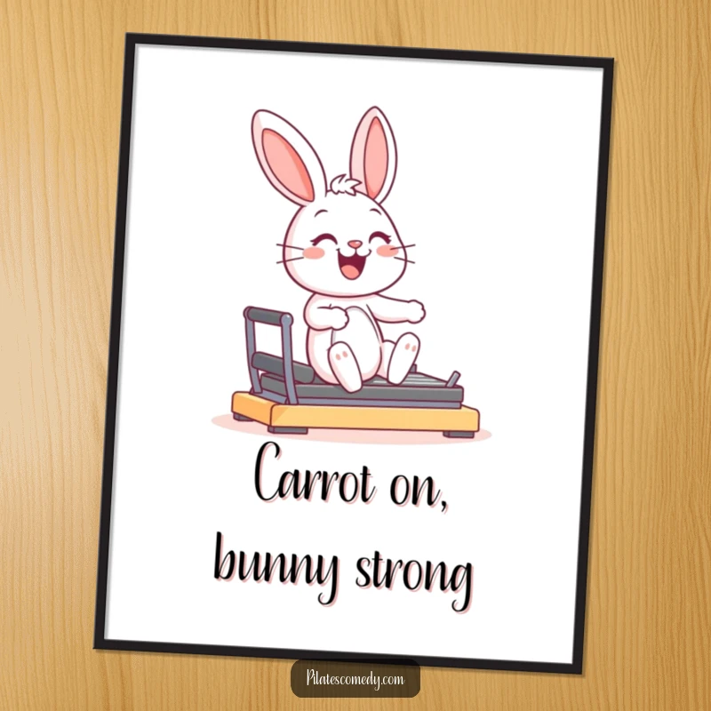 Funny Free Printable Wall Art: A joyful bunny smiles, striking a graceful pose on a reformer machine.
