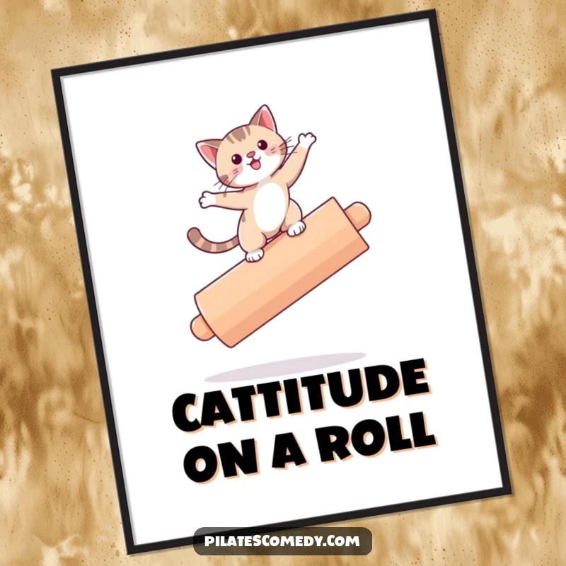 Funny free printable wall art of a playful cat balancing shakily on a large roller, adding humor to decor.