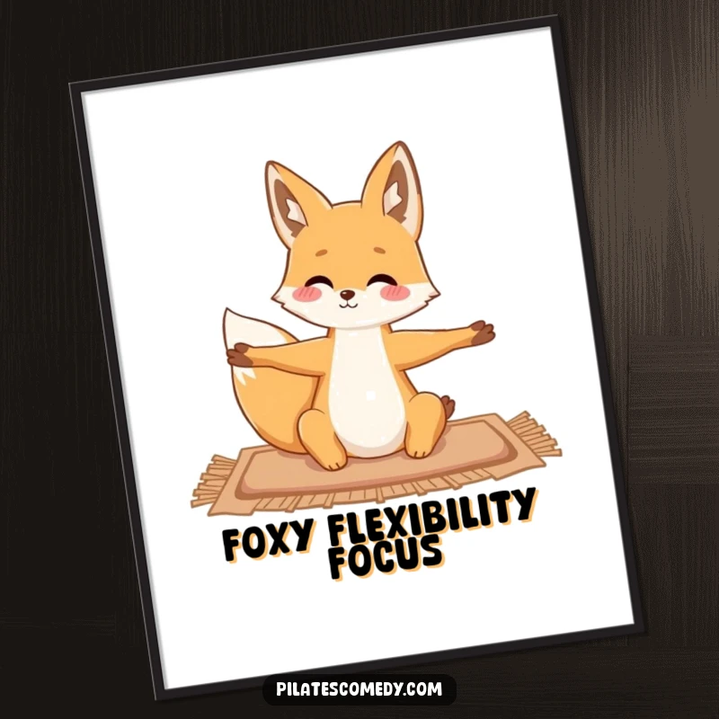 Funny free printable wall art of a fox stretching gracefully on a mat, bringing calm and humor to decor.