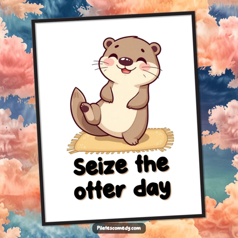 Funny Free Printable Wall Art: A happy otter balances on a mat, stretching one leg high.
