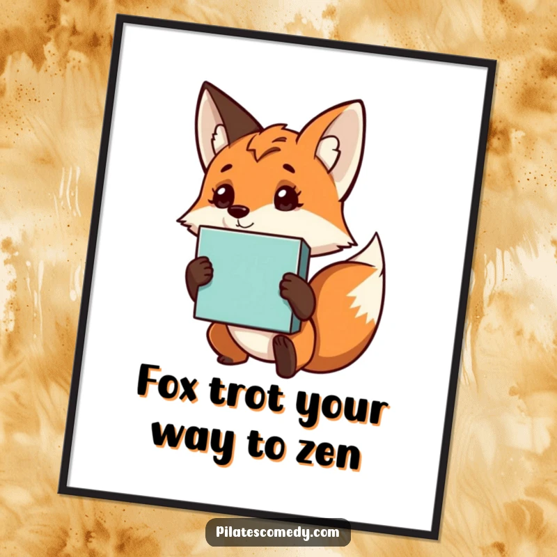 Funny Free Printable Wall Art: Curious fox tilting its head while holding a yoga block, contemplating serenity.