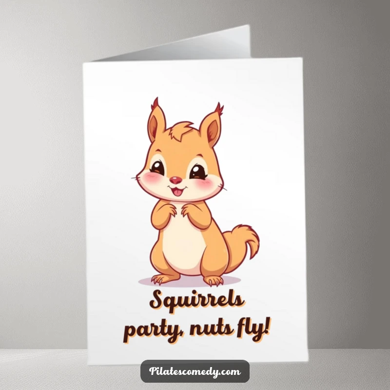 Funny Free Printable Birthday Card: A playful squirrel striking a goofy pose on all fours, full of energy.