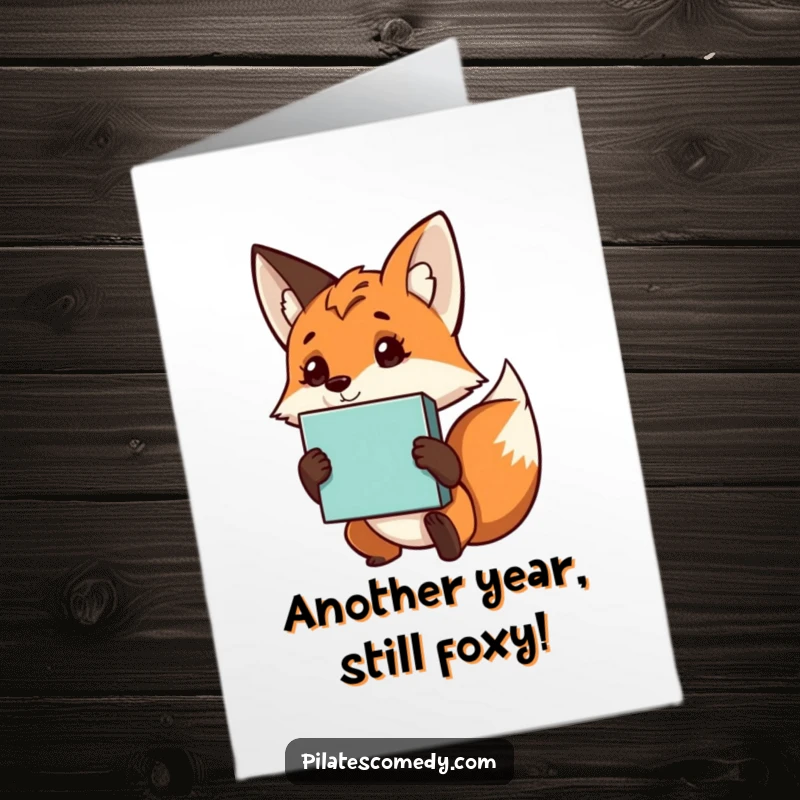 Funny Free Printable Birthday Card: Curious fox tilting its head, holding a yoga block with a questioning expression.