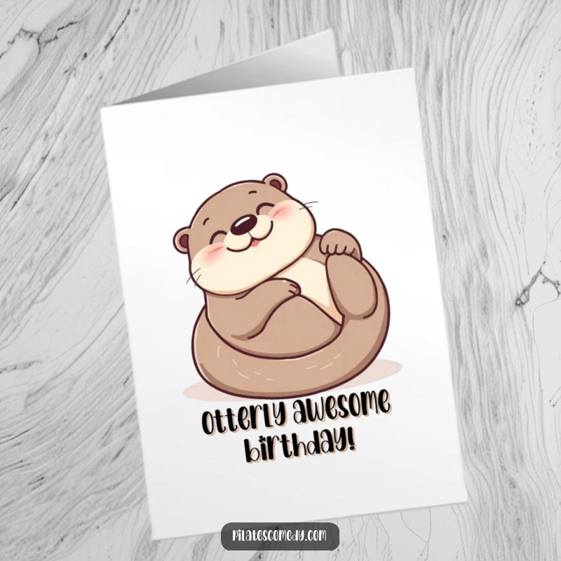 Funny Free Printable Birthday Card: A smiling otter happily rolling on its back, radiating pure joy.
