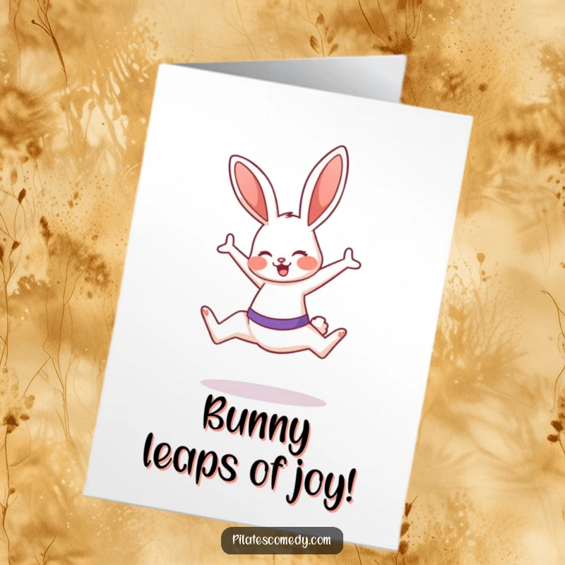 Funny free printable congratulations card with an energetic bunny performing a Pilates move, celebrating success.