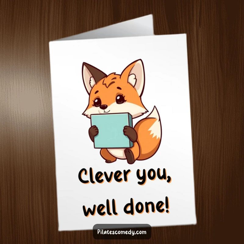 Funny Free Printable Congrats Card: Curious fox holding a yoga block, head tilted in a moment of mindful celebration.
