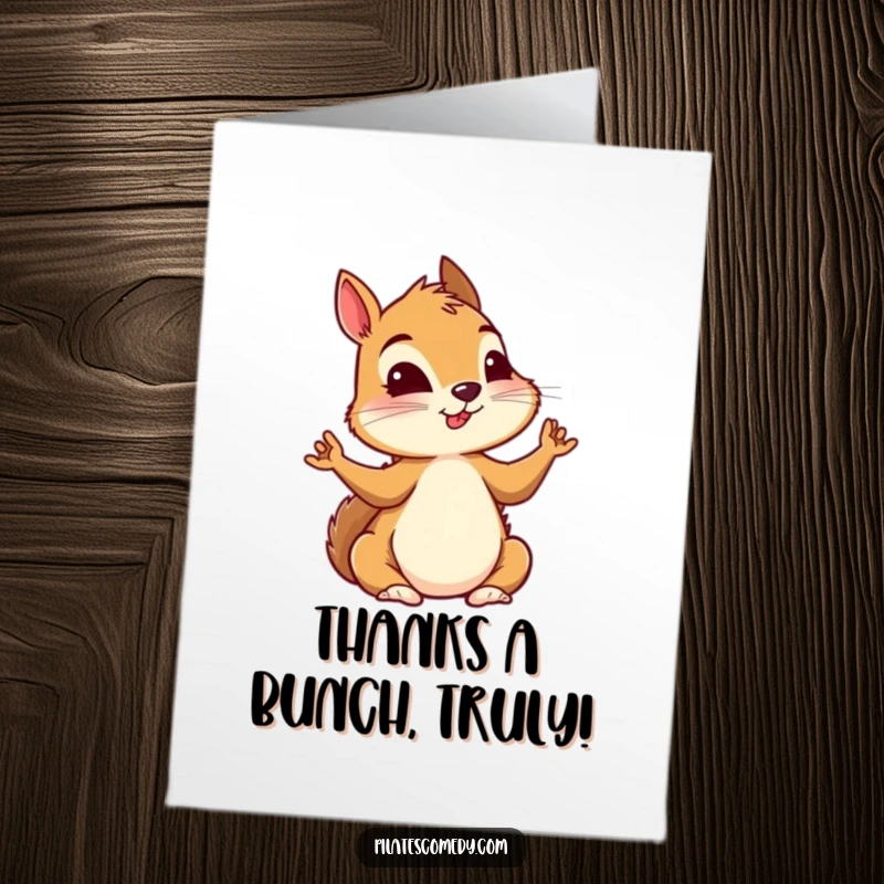 Funny Free Printable Thank You Card showing a squirrel in a deep yoga pose, expressing gratitude with a smile.