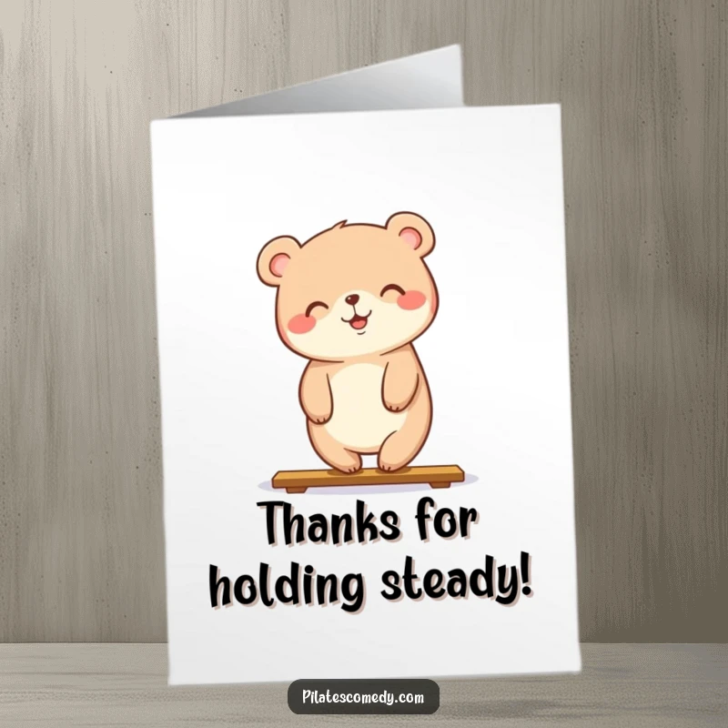 Funny Free Printable Thank You Card: A cheerful bear holding a plank yoga pose, smiling broadly.