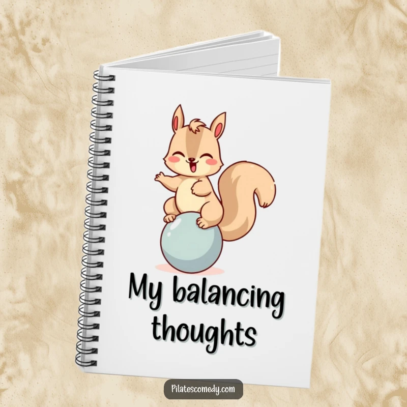 Funny squirrel notebook with a giggling character balancing on a ball, perfect for jotting down notes and creative ideas.