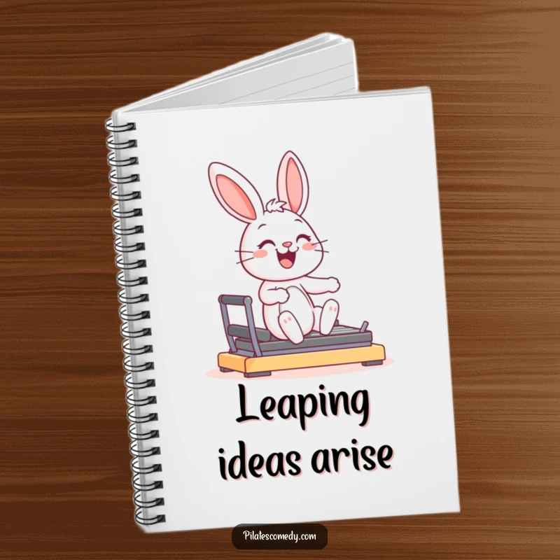 Funny joyful bunny character smiling, in a graceful pose on a Pilates reformer machine, on a lined notebook cover.